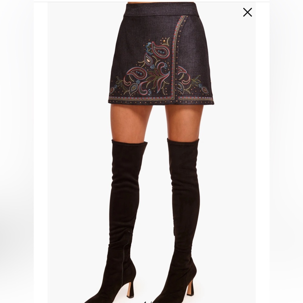 Ramy Brook Lauren Paisley Embroidery Denim Miniskirt